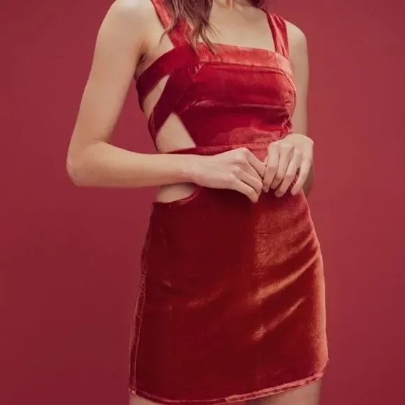 For Love & Lemons Rust Red Kate Velvet Strappy Cutout Overall‎ Mini Dress L - Picture 2 of 10